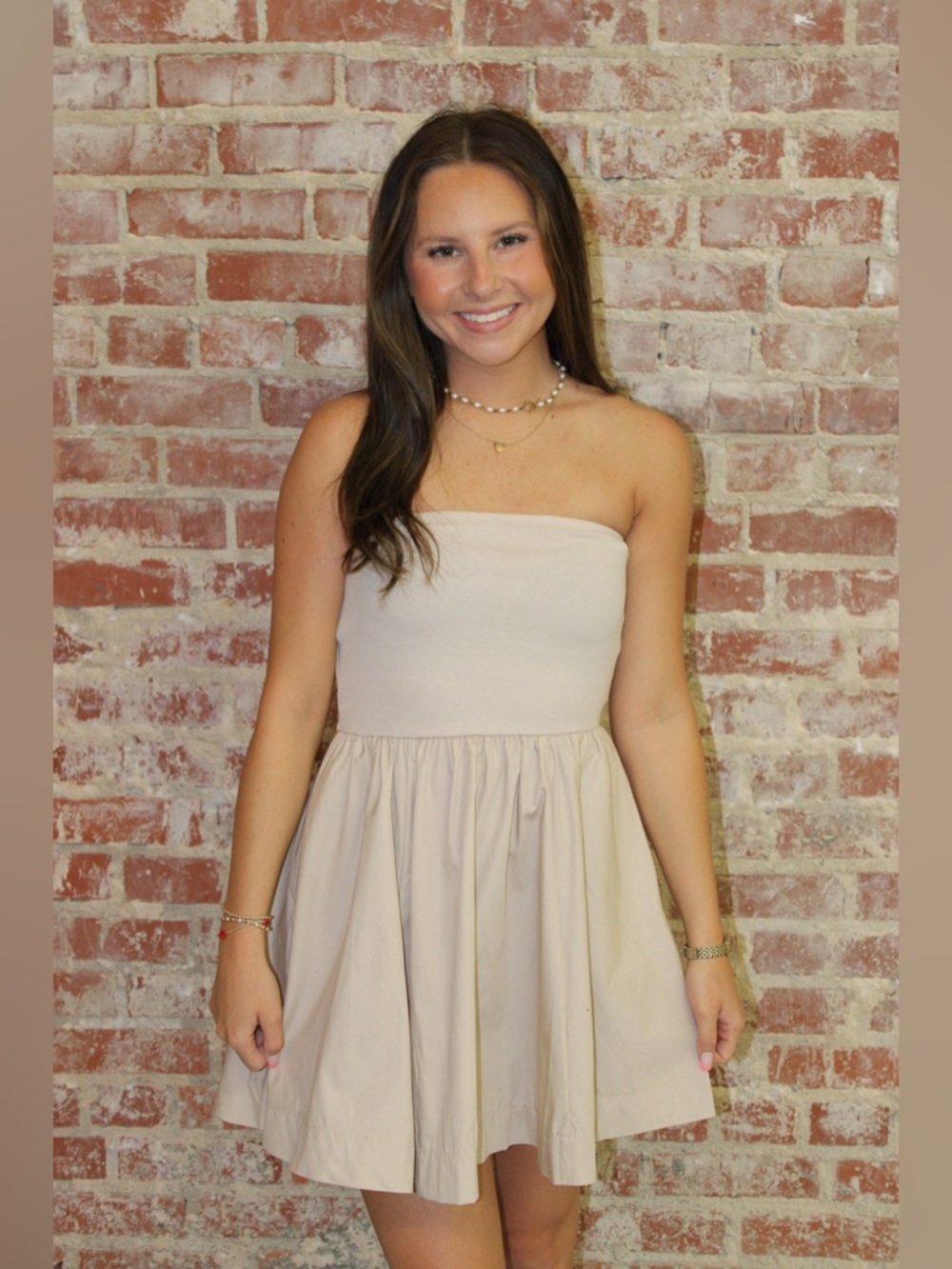 Zenana Sand Beige Combined Knit & Woven Tube Top Flare Mini Dress With Pocket